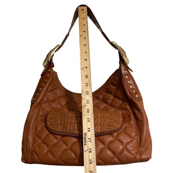 Chi Carlos Falchi Quilted Brown Leather Shoulder Bag Gold-Studded Strap Buckle - Picture 5 of 8